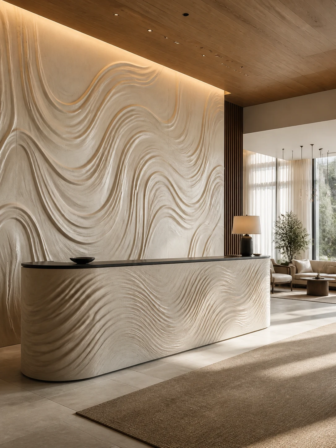 Hotel reception with a sculpted CNC relief feature wall and dimensional desk front