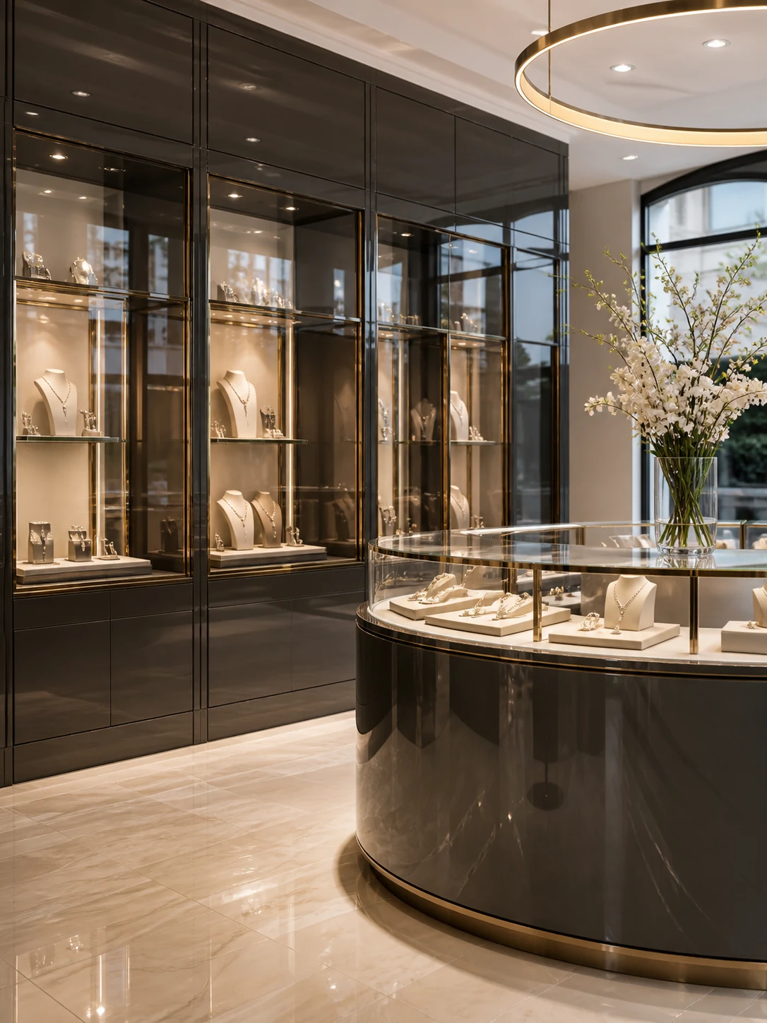 Luxury jewellery boutique with reflective charcoal gloss spray display cabinetry