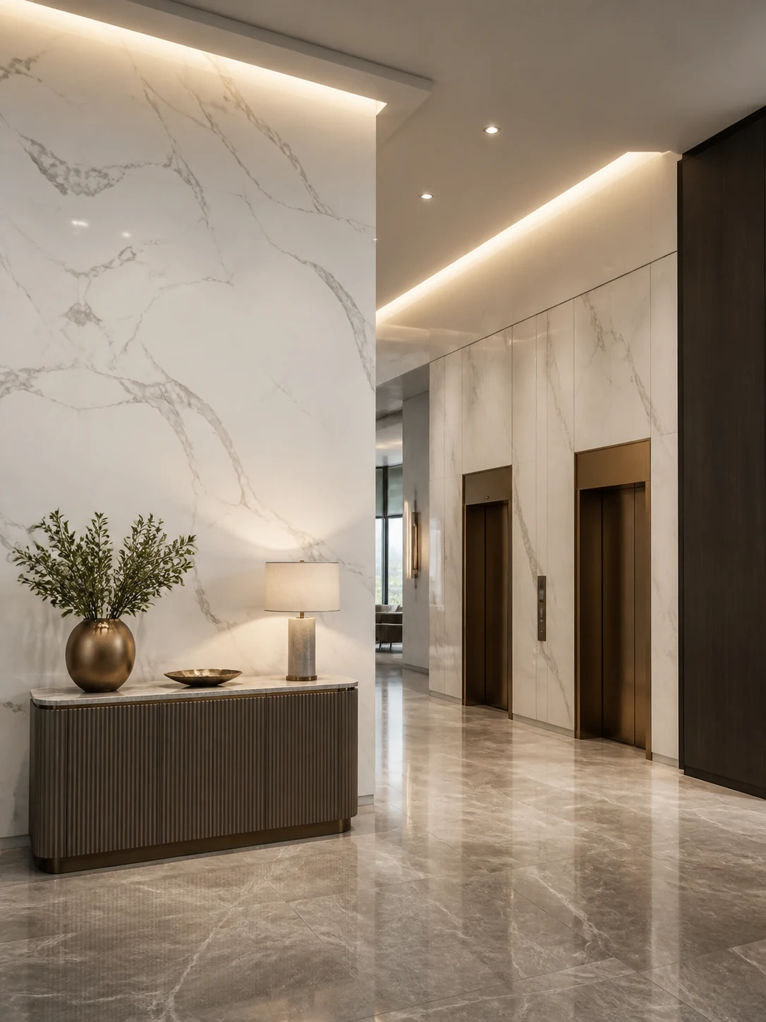 Hotel lift lobby with large white UV marble-look panels and elegant grey veining
