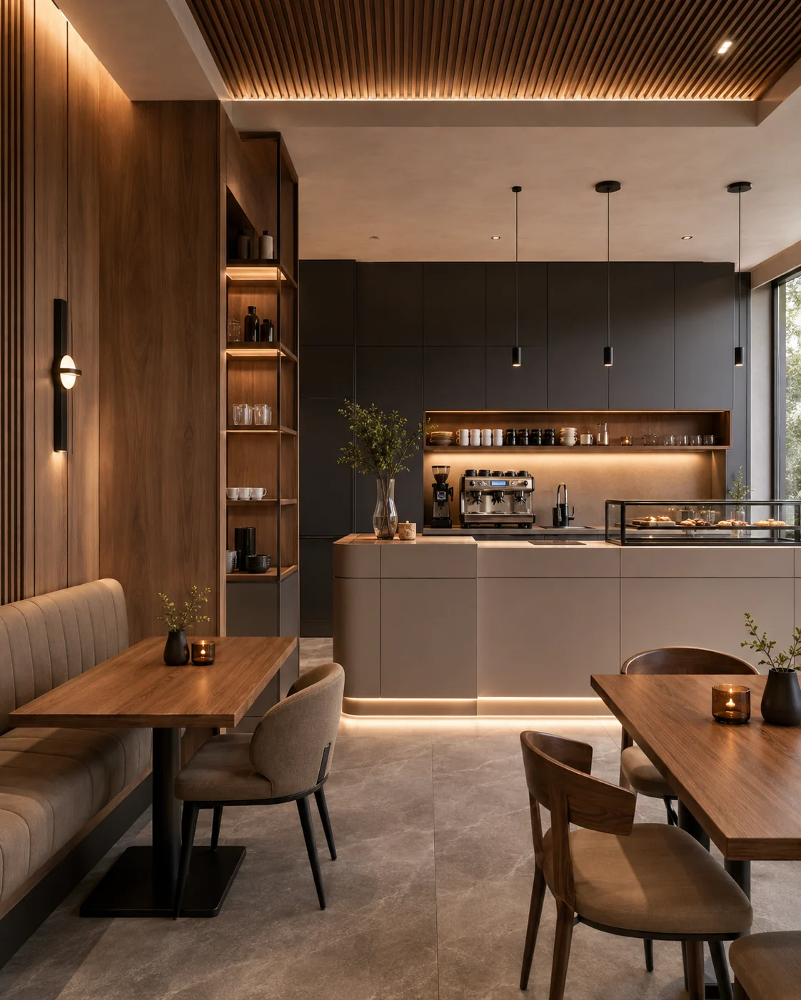Contemporary café featuring coordinated wall panels, cabinetry and timber surfaces