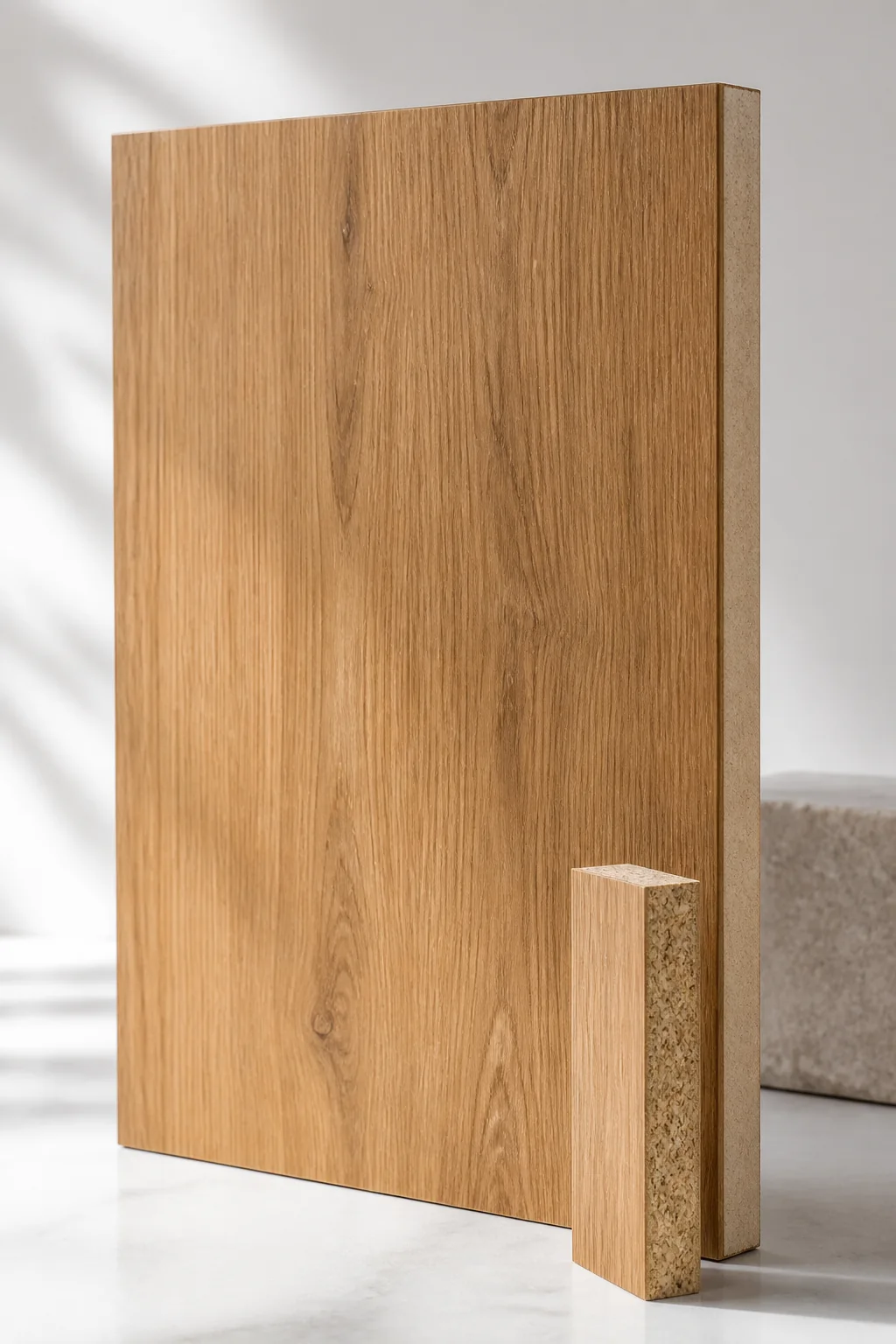 Warm oak melamine-faced board with visible engineered core