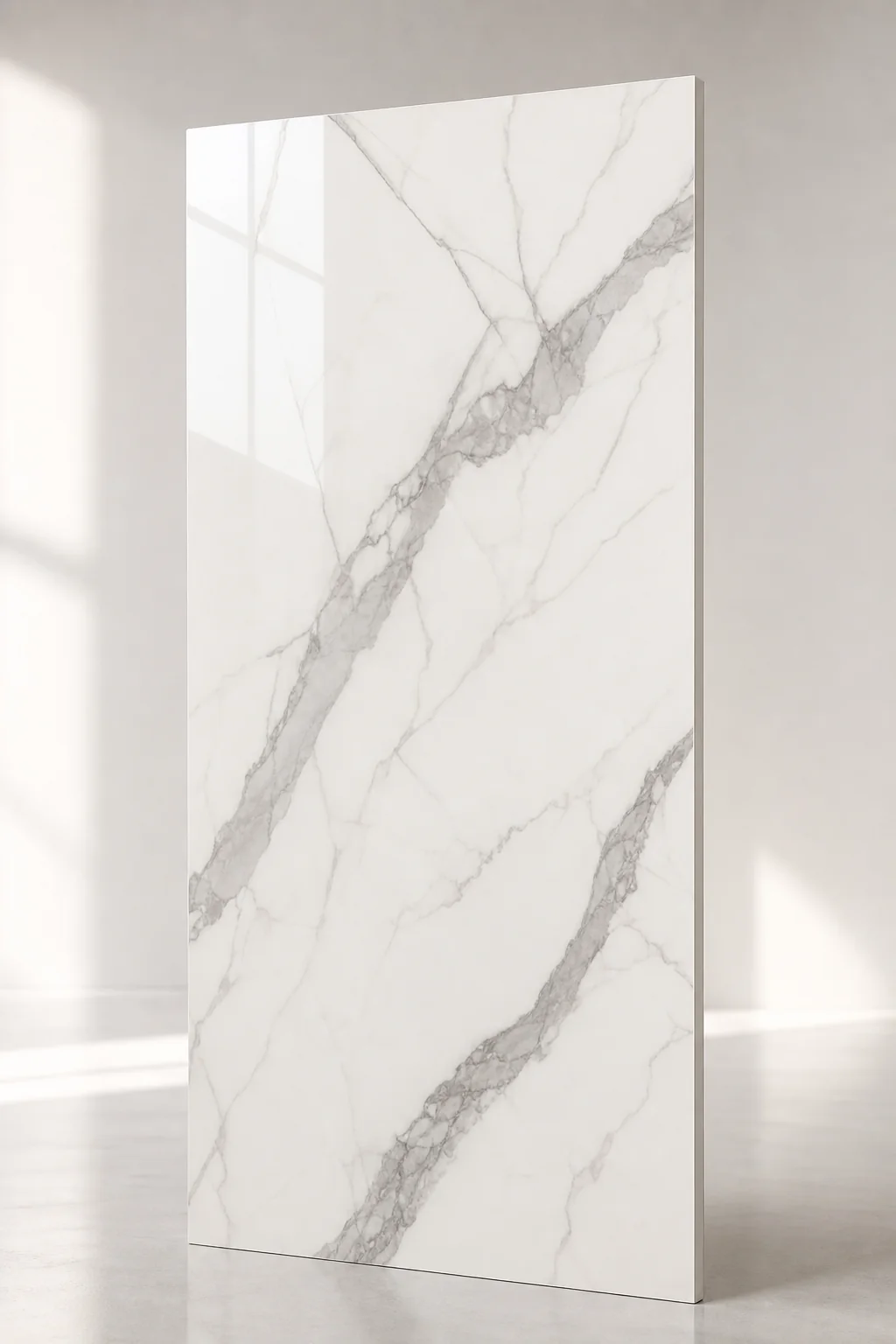 Glossy white UV marble panel with gray veining