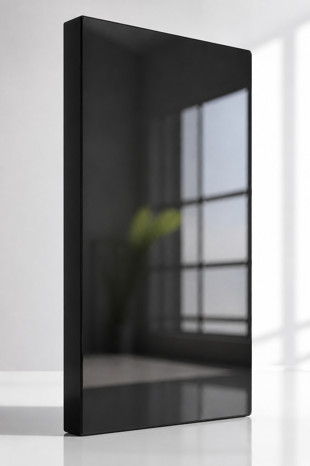 Substantial deep charcoal panel with a polished gloss spray finish and matching black edge