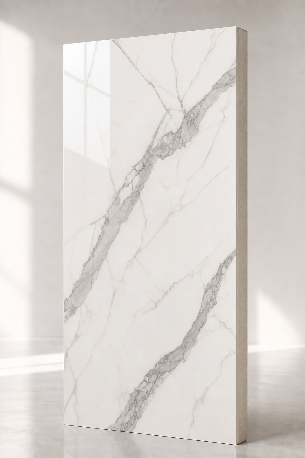 Substantial glossy white UV marble panel with grey veining