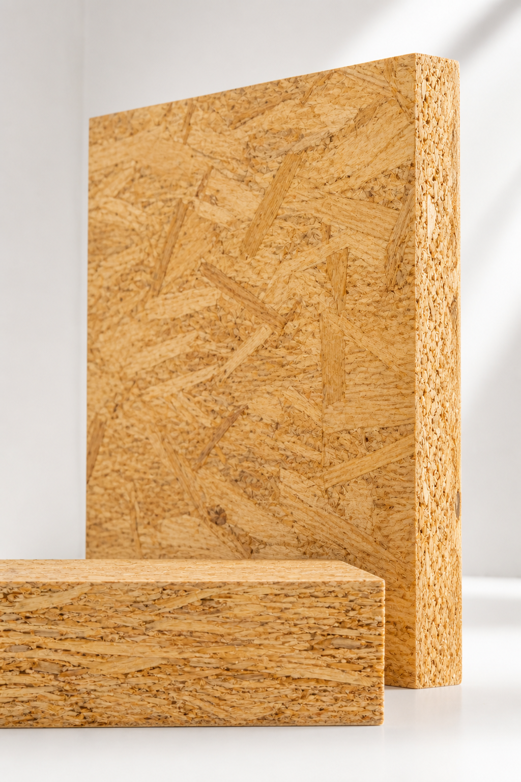 OSB panels showing long directionally oriented wood strands