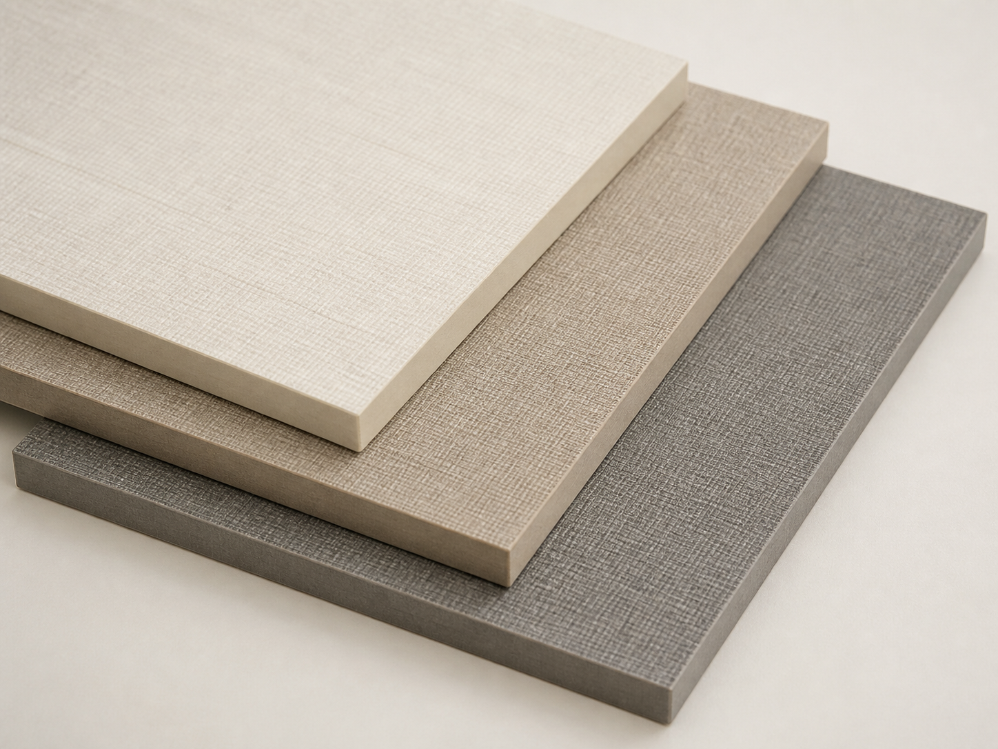 Three stacked melamine panel samples with fine fabric and woven textures