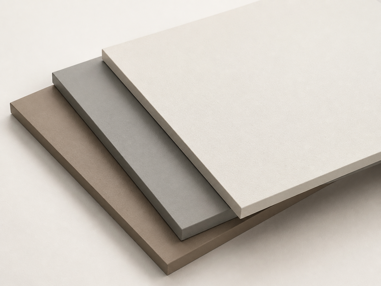Three stacked texture-paint melamine panel samples in warm white, mineral grey and clay