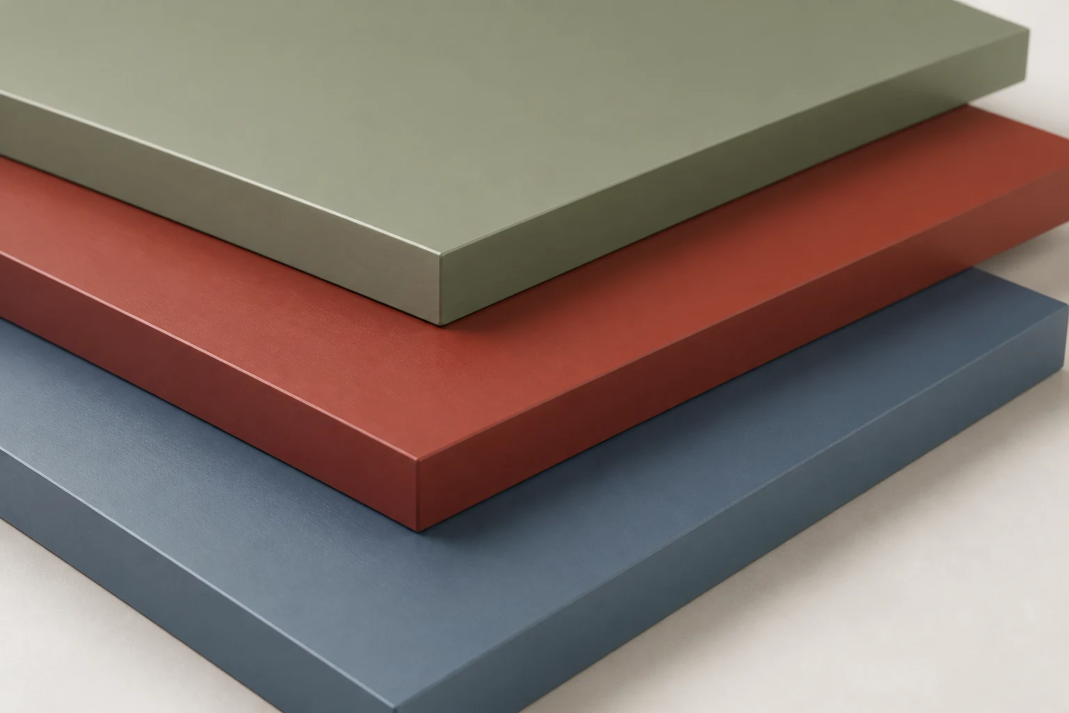 Layered PET panel samples in sage, clay and muted blue solid colours