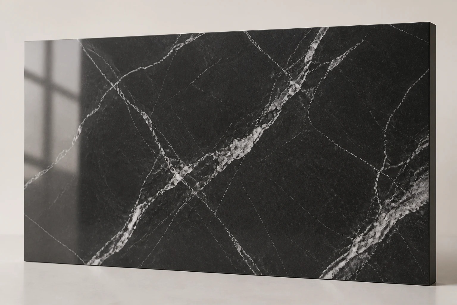 High-clarity UV panel with dark marble and dramatic white veining