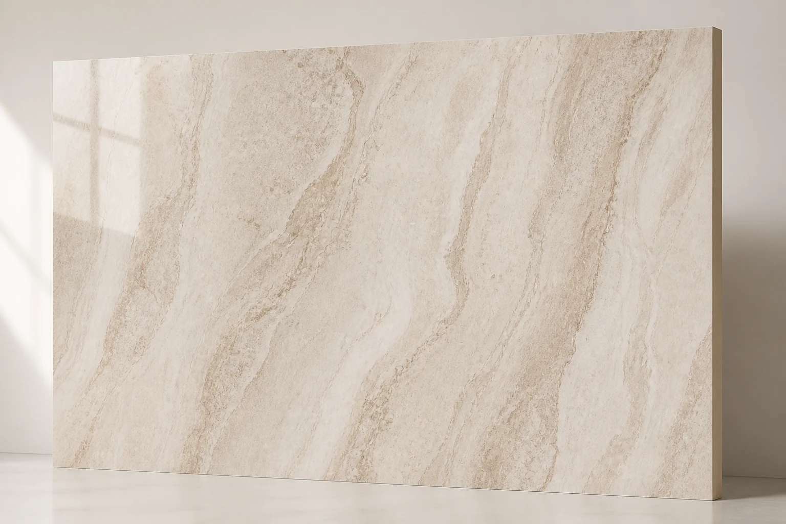 High-clarity UV panel with warm beige and taupe stone movement