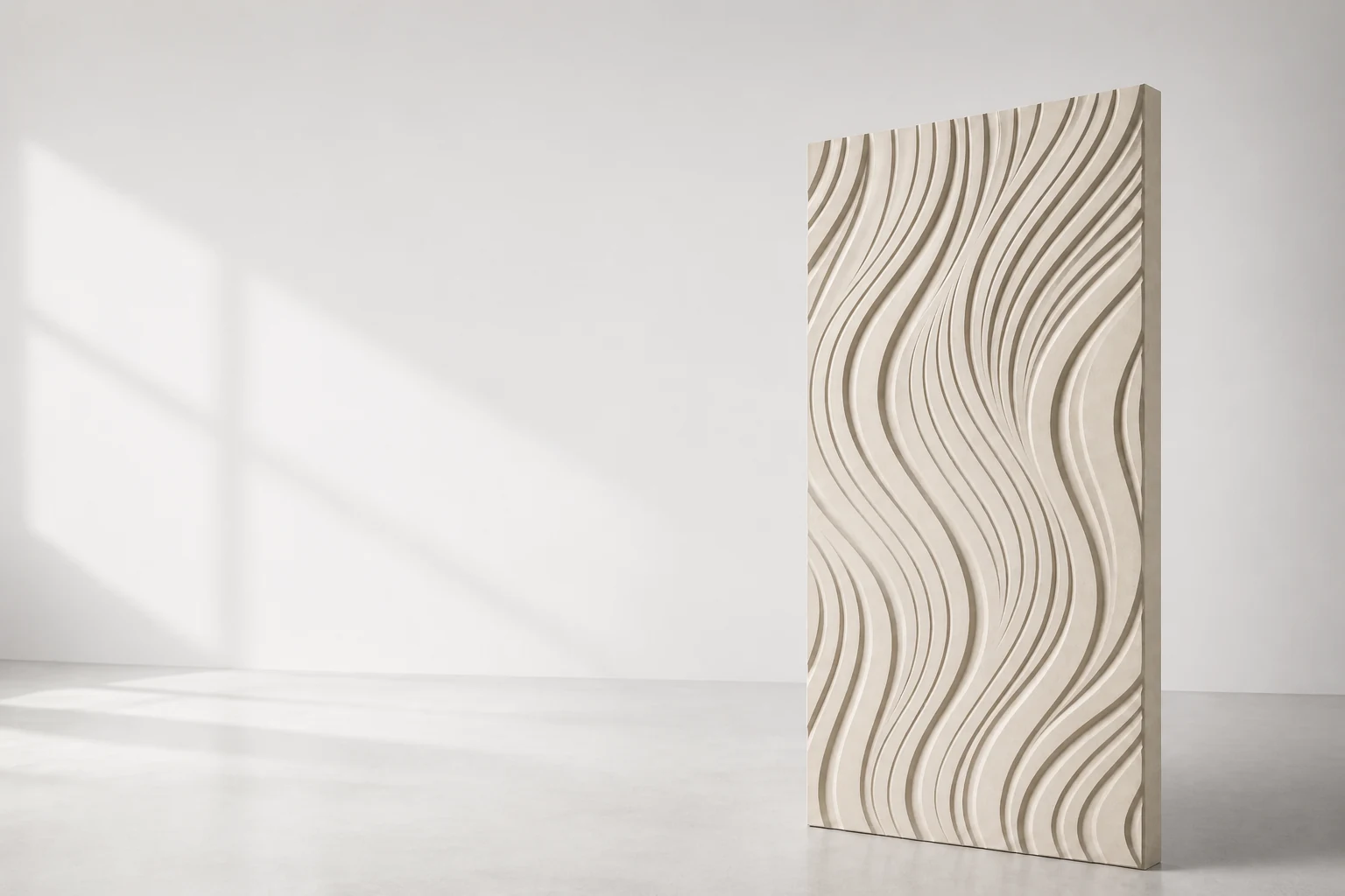 CNC-carved panel with flowing dimensional relief in a bright studio